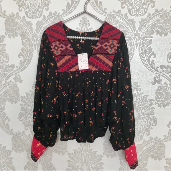 NWT Free People Embroidered Blouse Black - Picture 5 of 8